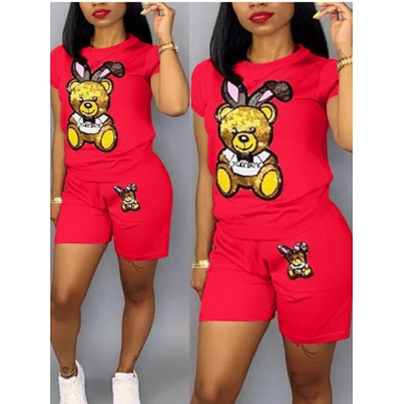 

LW Casual Cartoon Print Red Two-piece Shorts Set