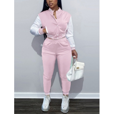 

LW Button Design Striped Tracksuit Set, Pink