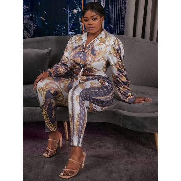 

LW Plus Size Mixed Print Button Design Jumpsuit, Khaki