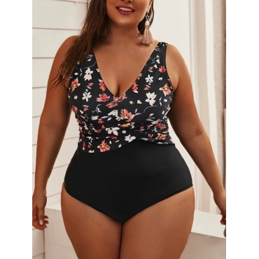 

LW Plus Size V Neck Floral Print One-piece Swimsuit, Black