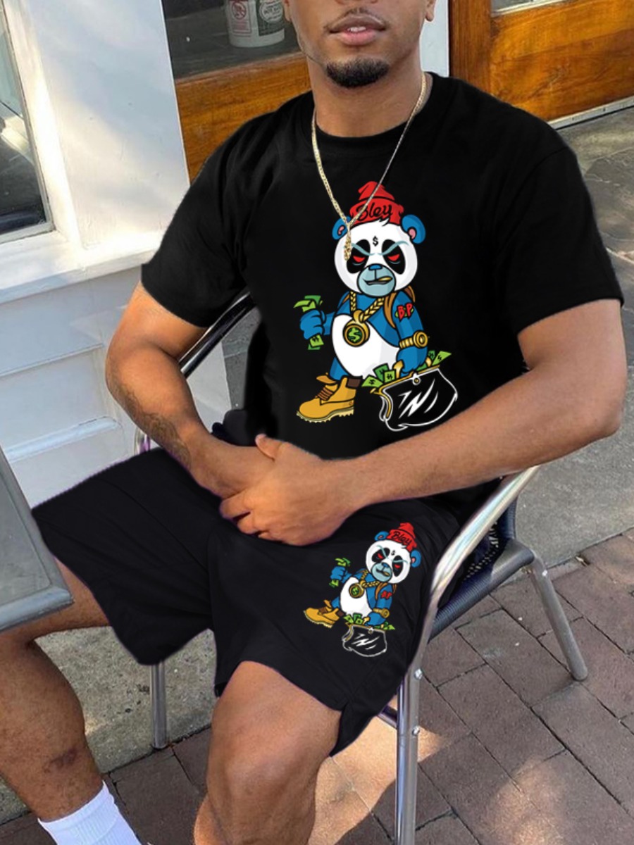 LovelyWholesale Men Cartoon Print Drawstring Shorts Set Summer Short Sleeve Street Cartoon Round Neck Spring Summer 2024