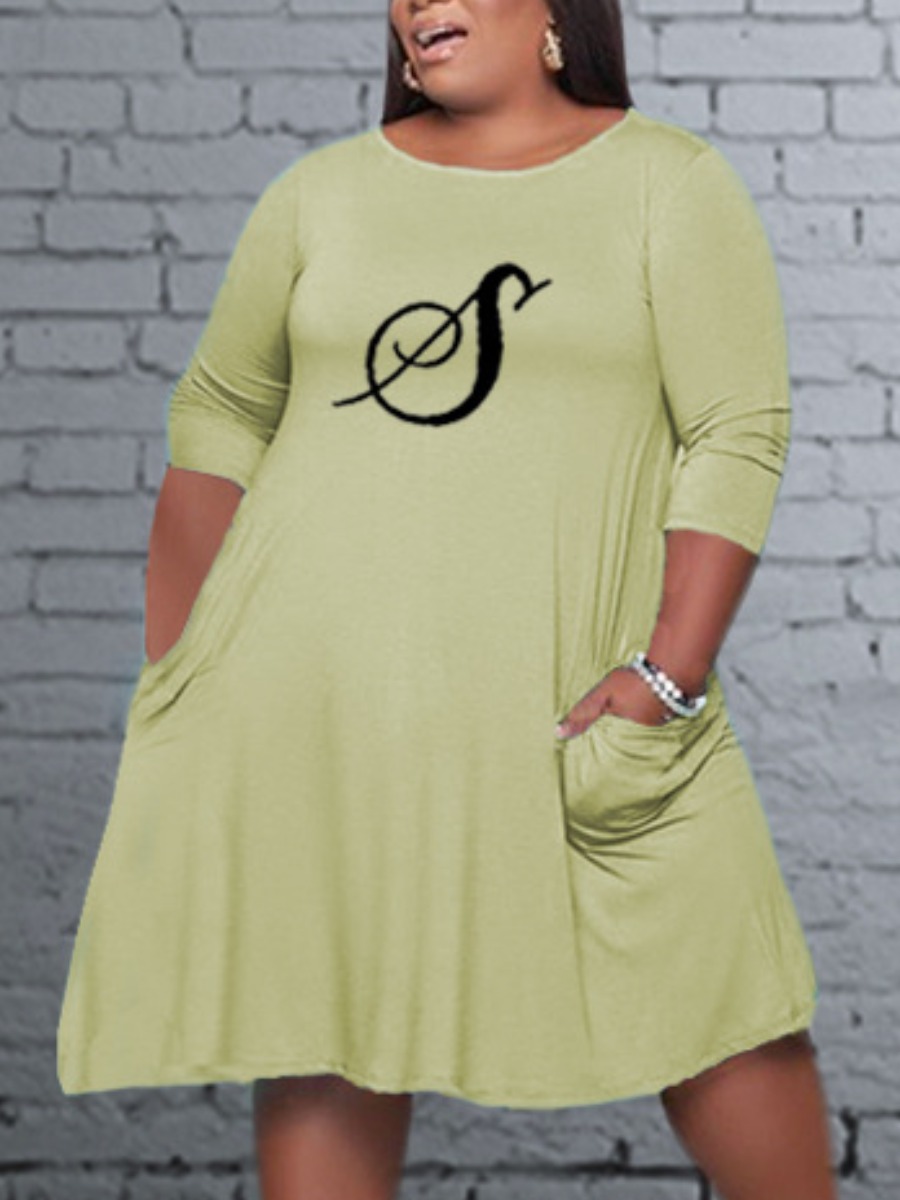 

LW Plus Size Letter Print A Line Dress, Light green