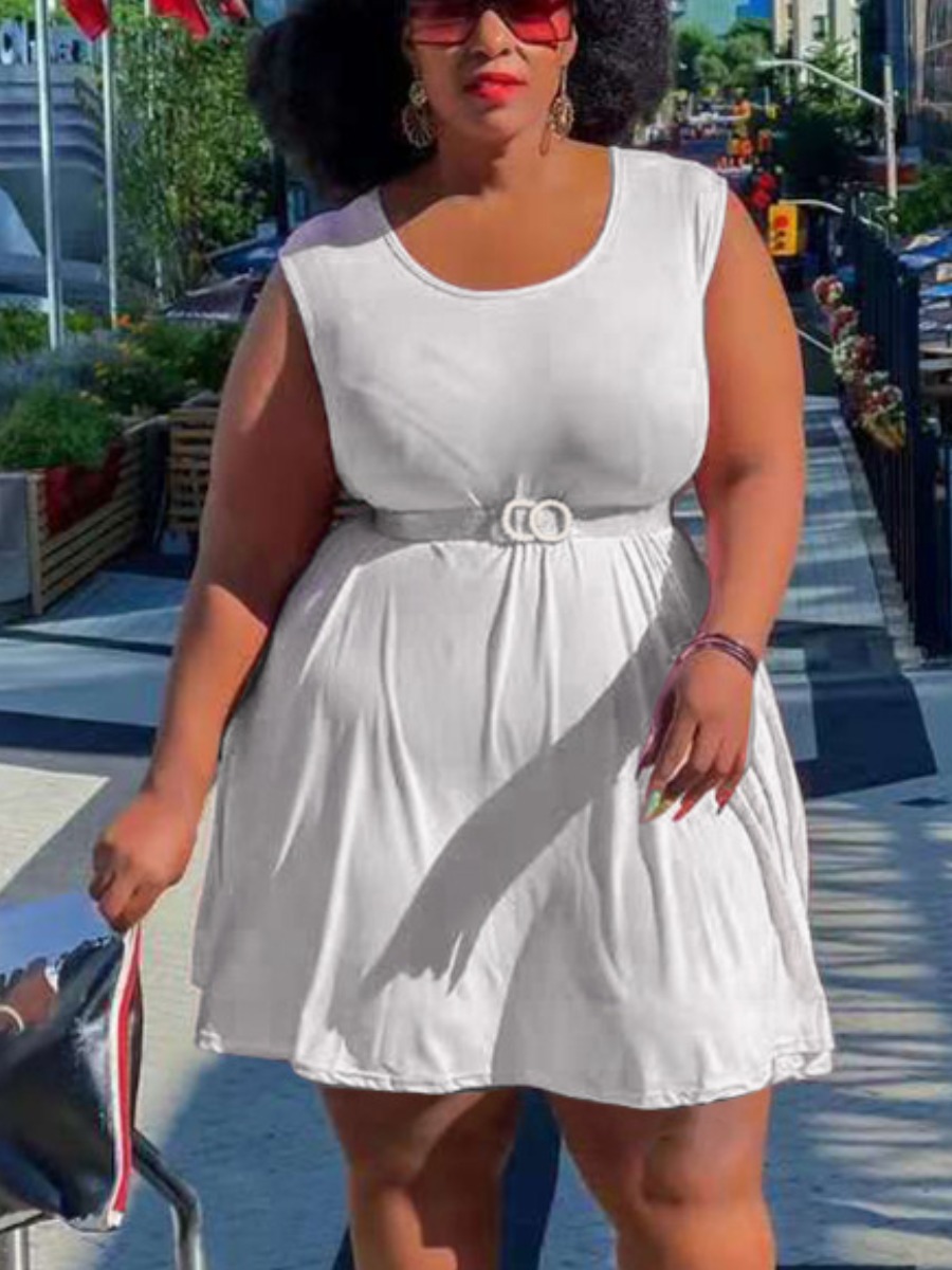 

LW COTTON Plus Size U Neck A Line Dress, White