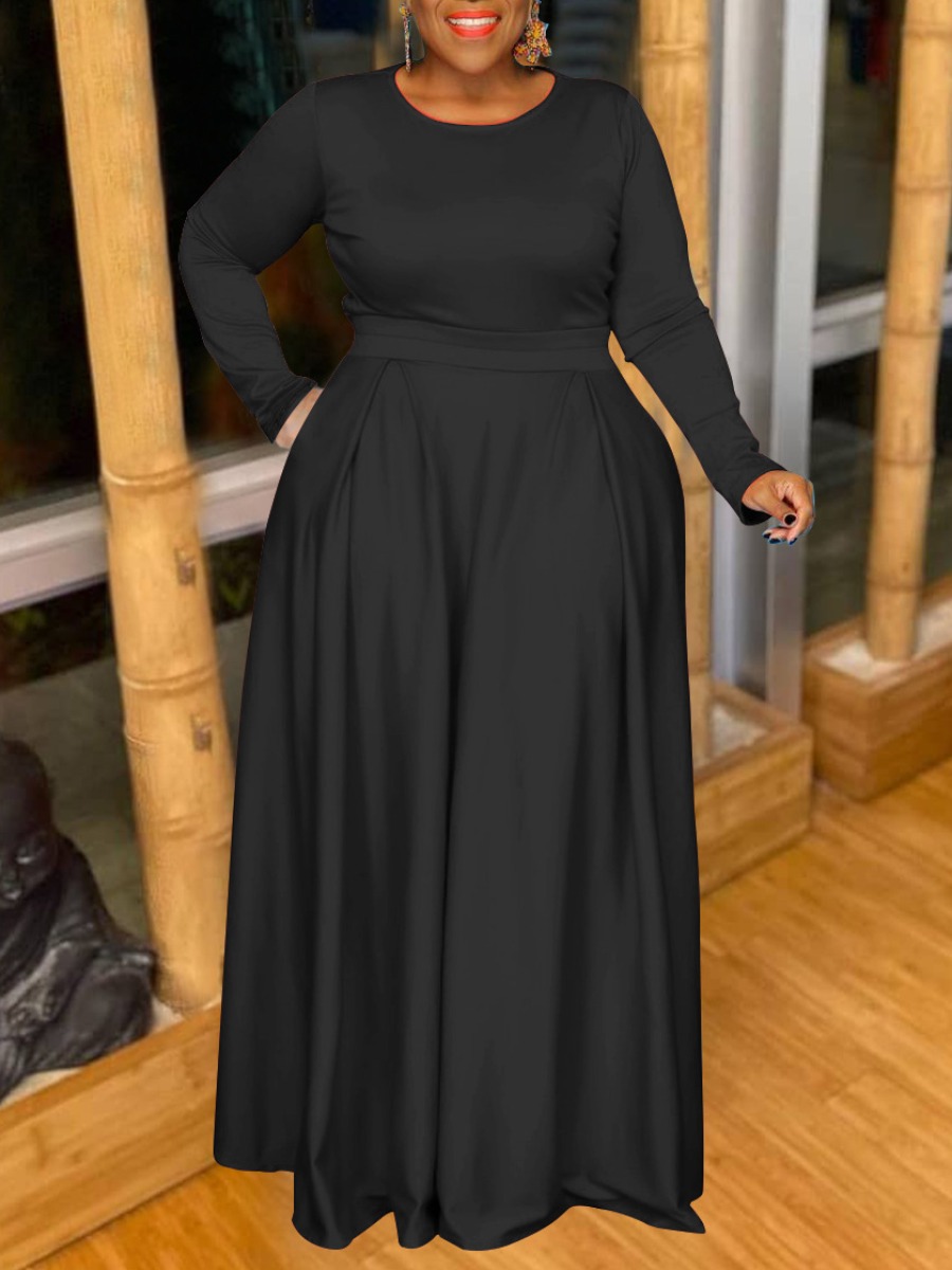 

LW BASICS Plus Size Round Neck Wide Leg Pants Set, Black