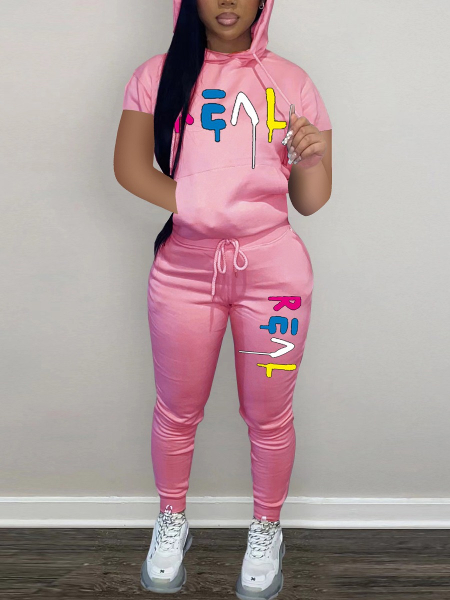 

LW Letter Print Kangaroo Pocket Drawstring Tracksuit Set, Pink