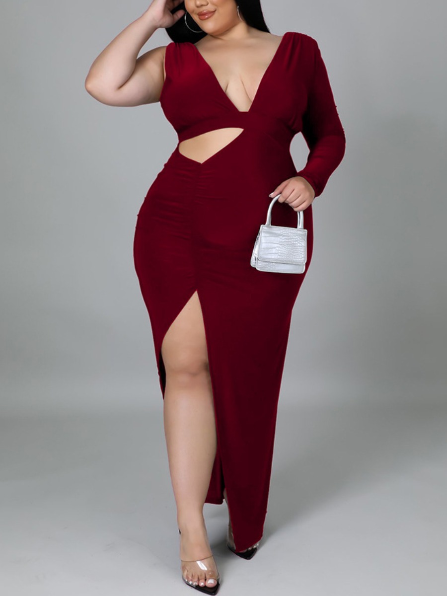 

LW SXY Plus Size Cut Out Slit Dress, Wine red