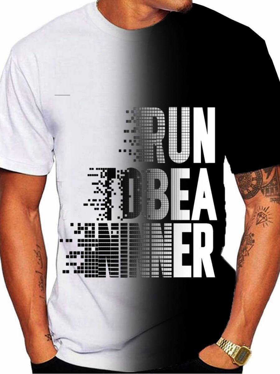 

LW Men Gradient Letter Print T-shirt, Black and white
