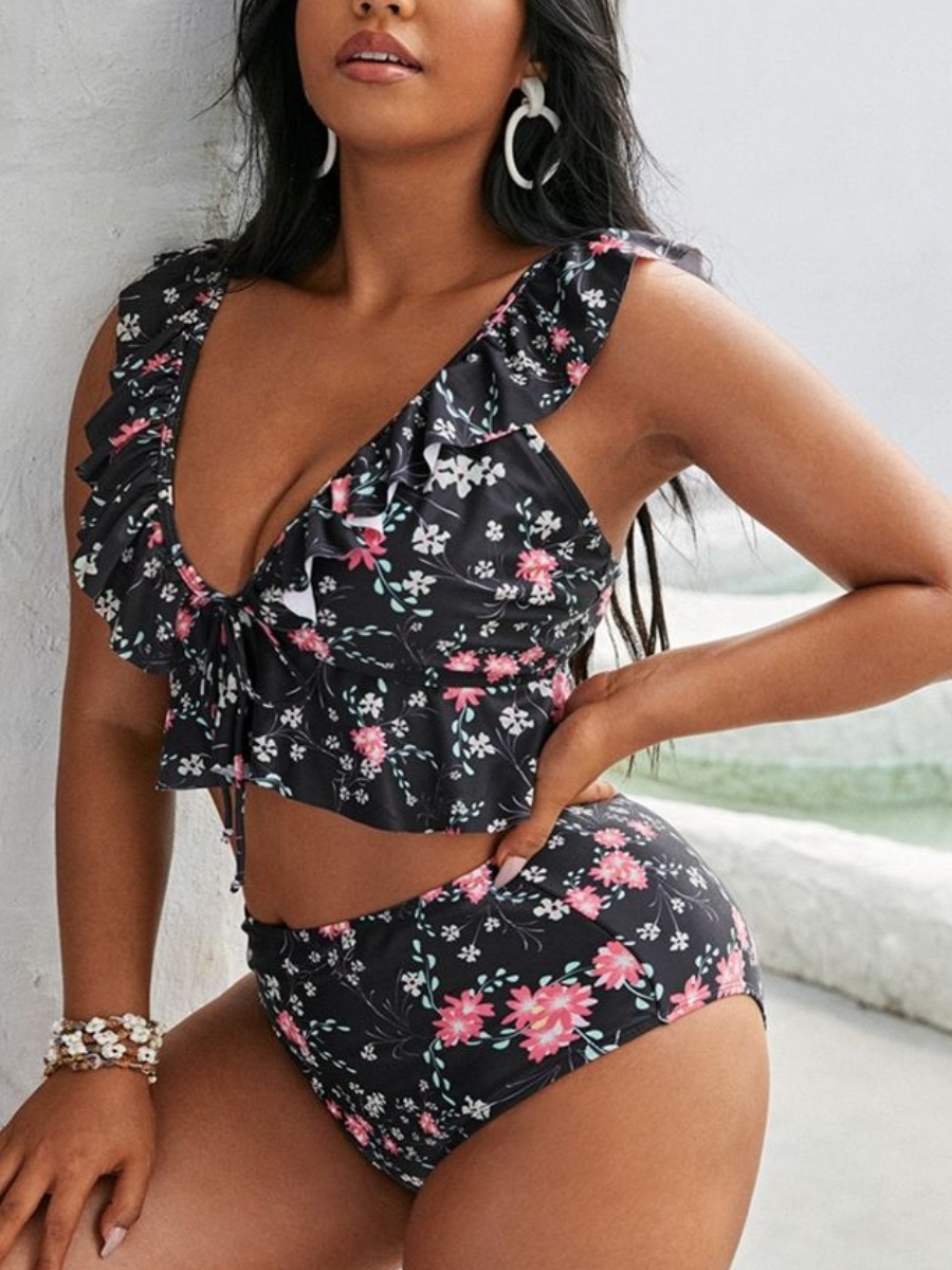 

LW Plus Size Floral Print Flounce Design Tankini, Black