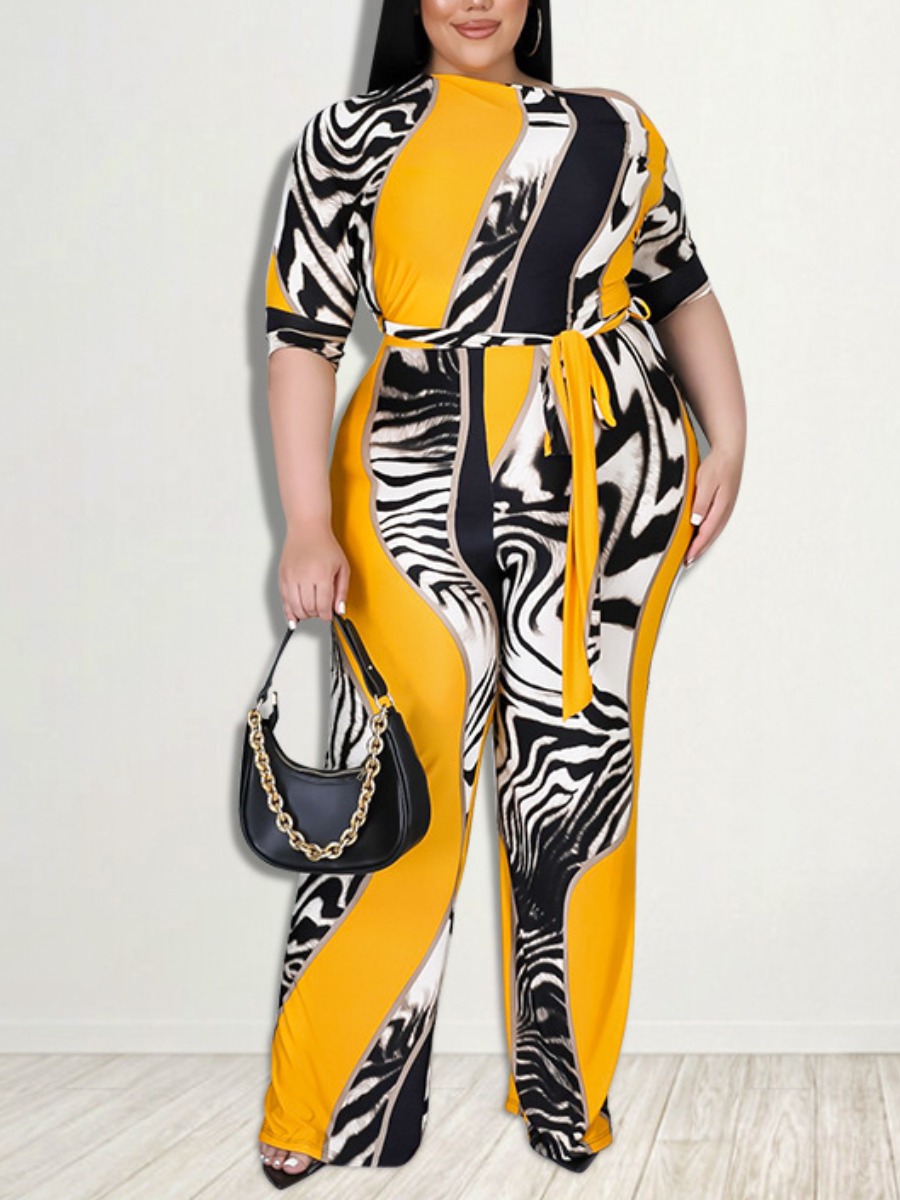 

LW Plus Size Zebra Striped Patchwork Jumpsuit, Yellow