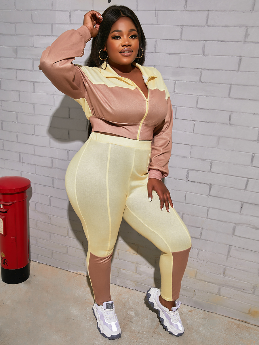 

LW Plus Size Zip Up Color Block Tracksuit Set, Apricot