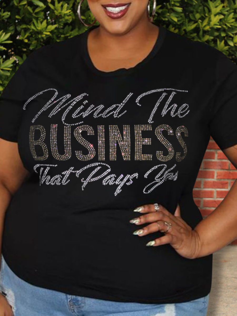 

LW Plus Size Rhinestone Letter Print T-shirt, Black