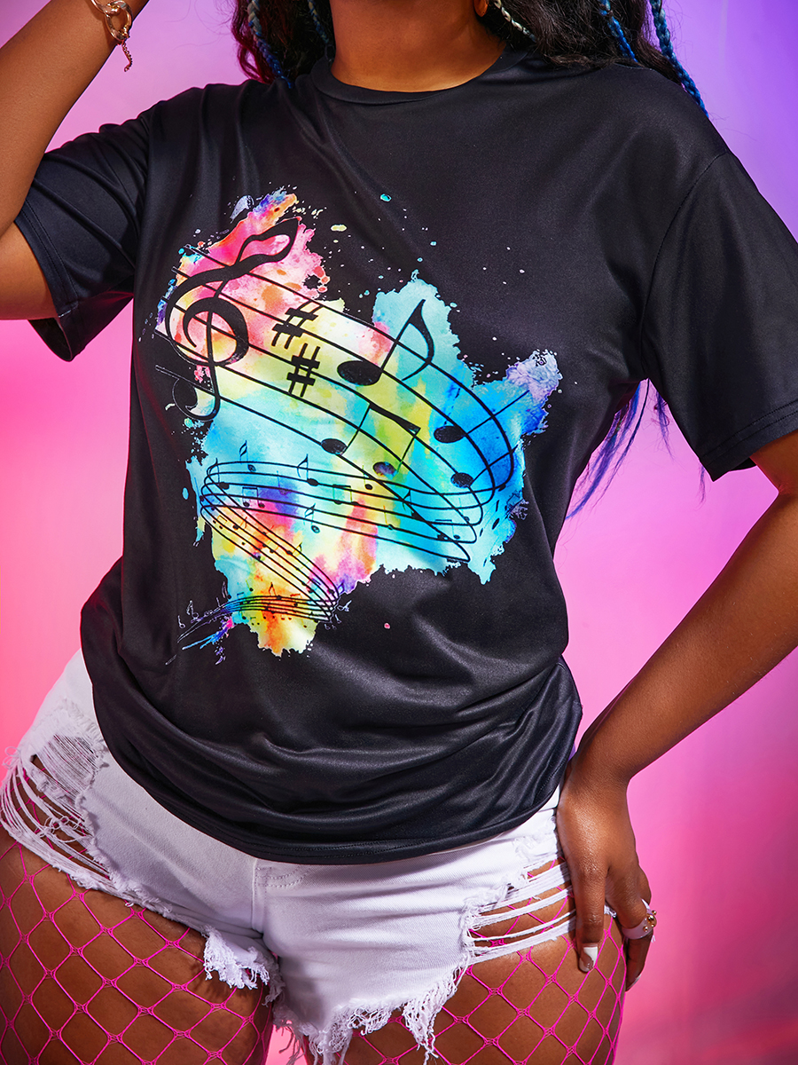 

LW BASICS Round Neck Splash-ink Music Festival T-shirt, Black