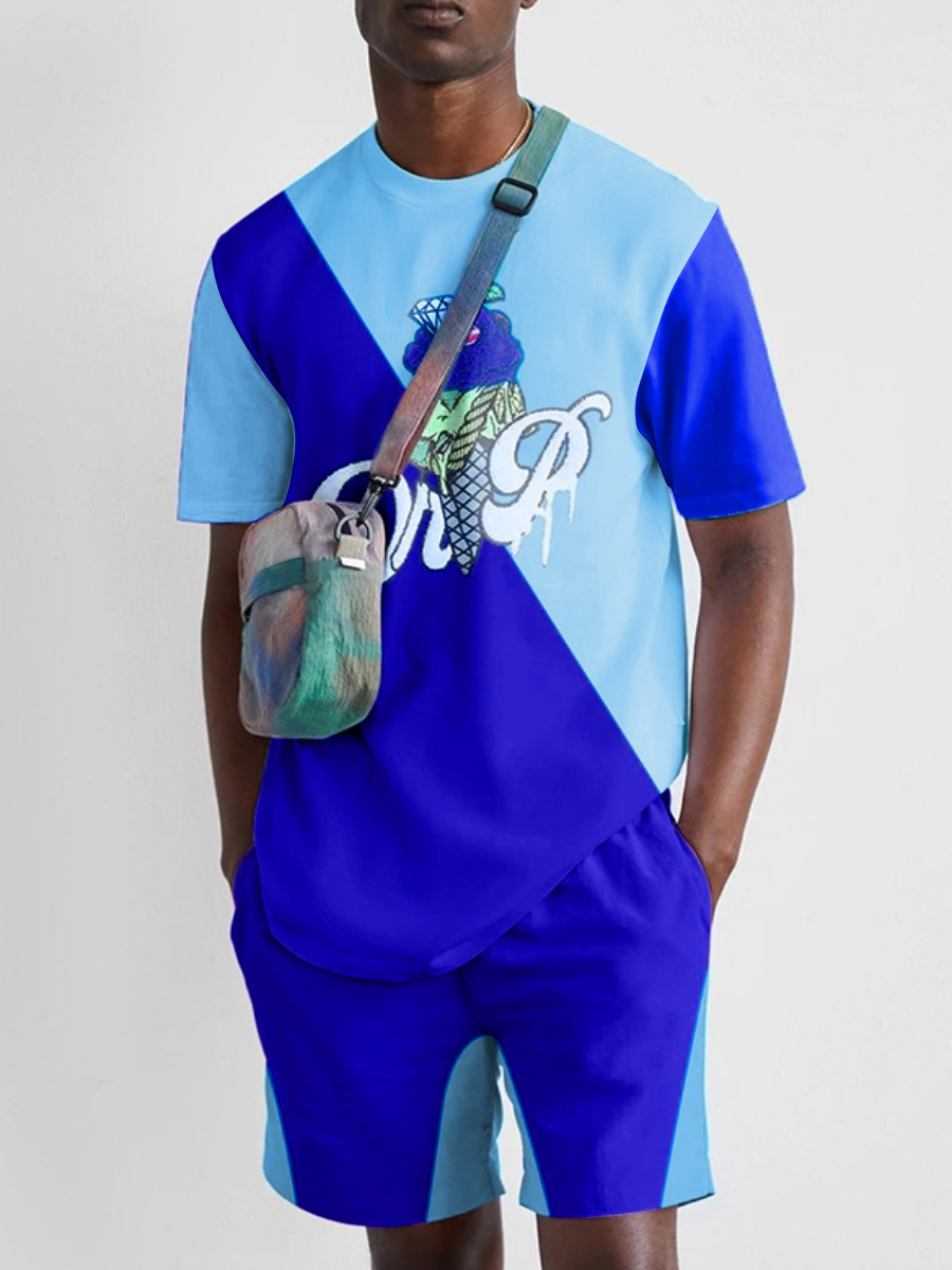 

LW Men Letter Print Patchwork Shorts Set, Baby blue