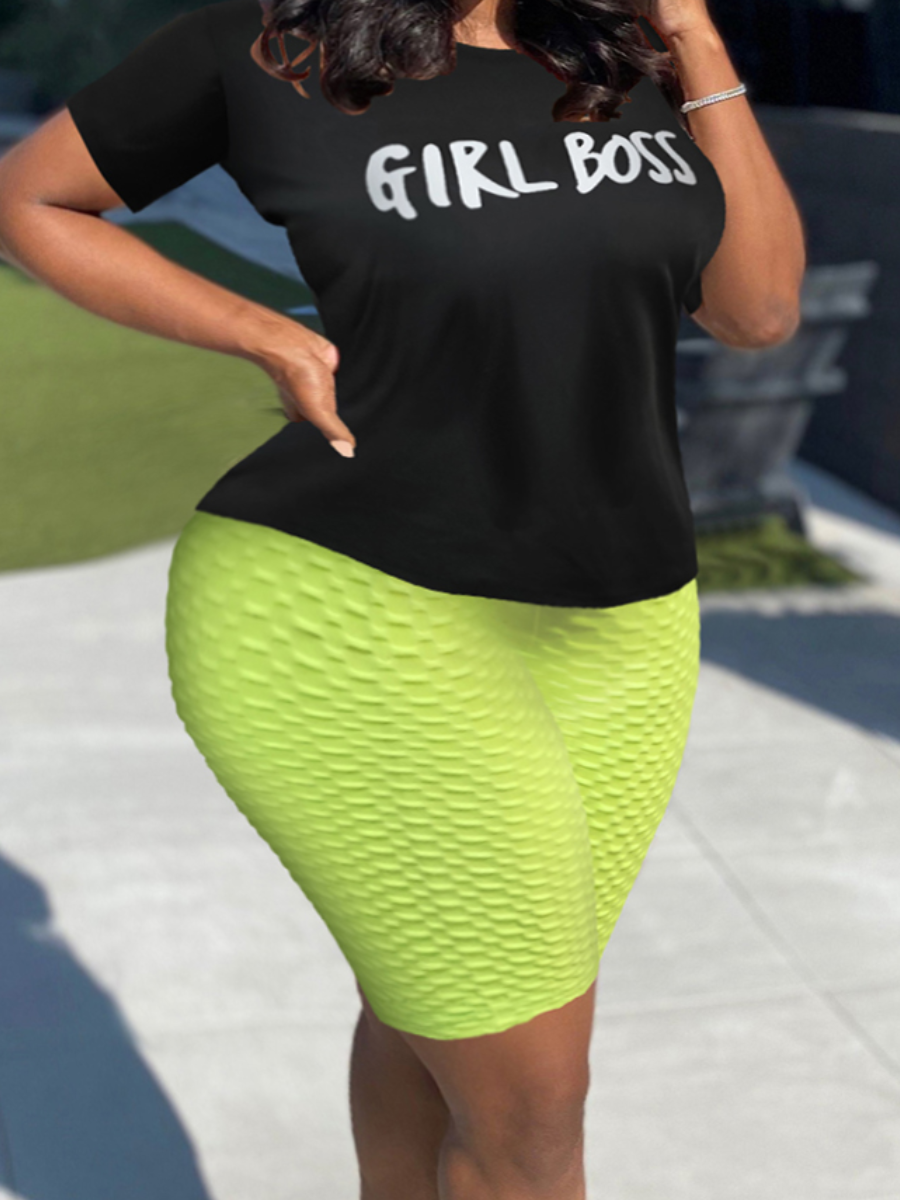 LW Plus Size Round Neck Letter Print Shorts Set