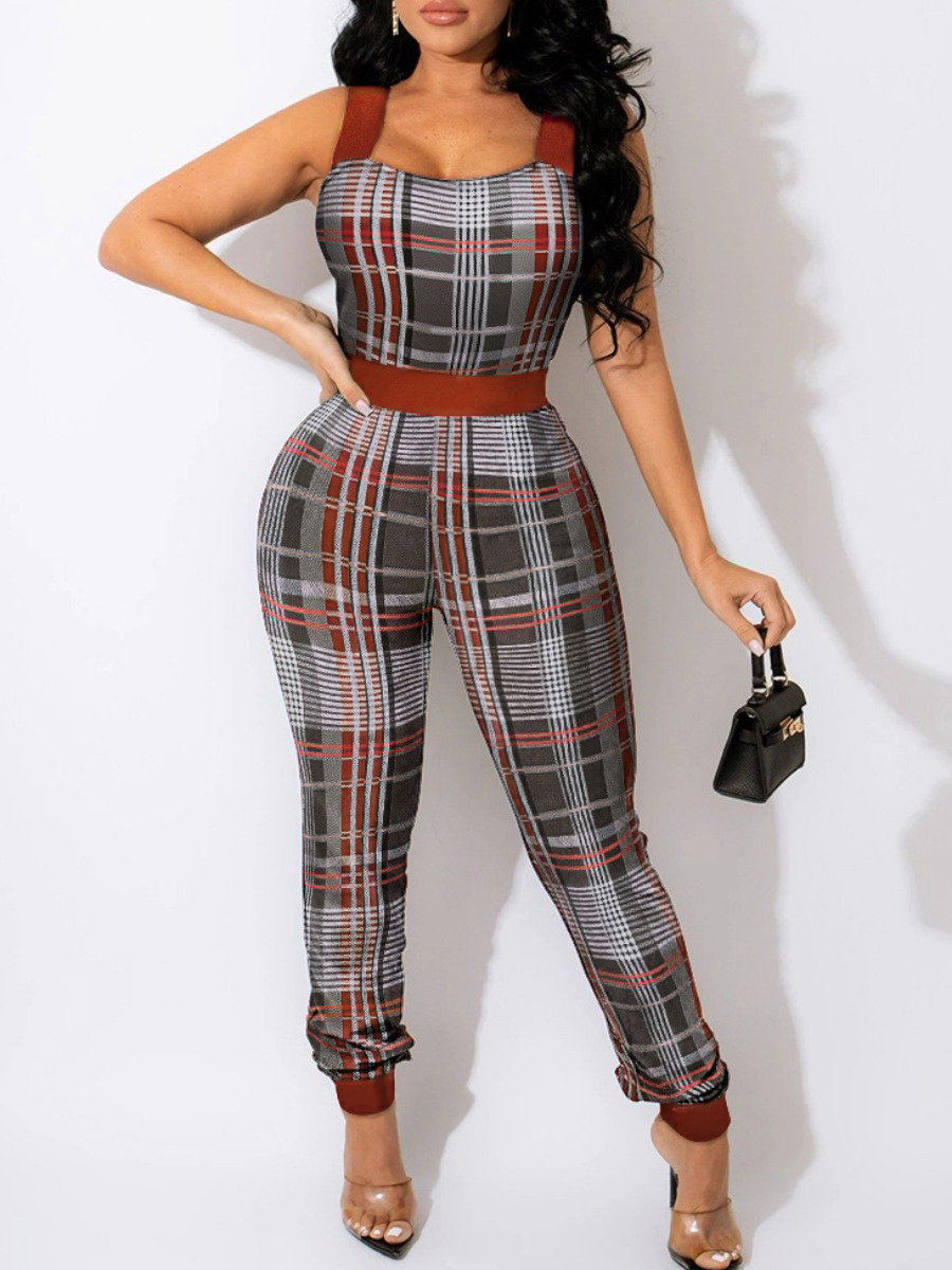 

LW Plaid Print Cami Jumpsuit, Grey