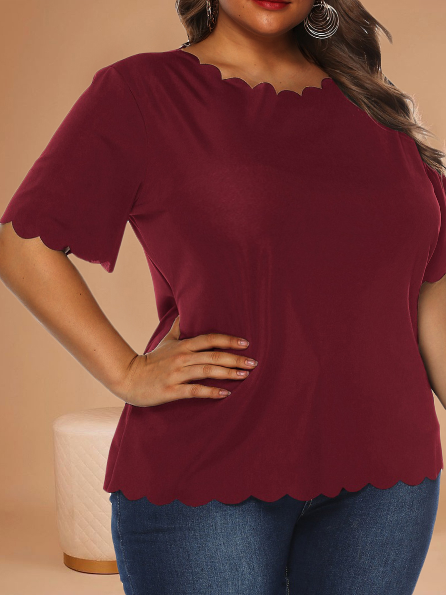 

LW Plus Size Scalloped Regular Fit T-shirt, Purplish red