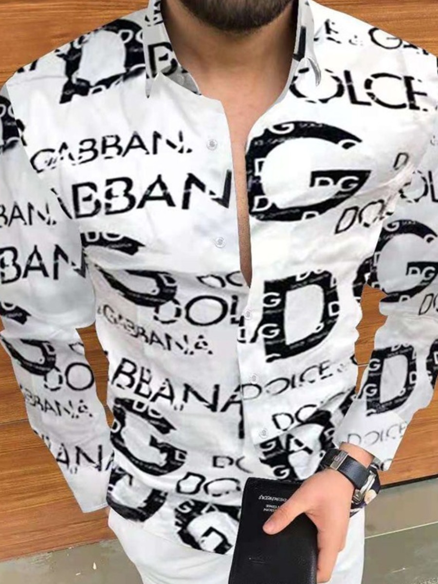 LW Men Turndown Collar Letter Print Shirt