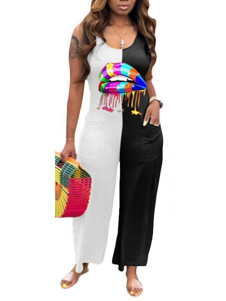 

LW Plus Size Lip Print Cami Jumpsuit, Black