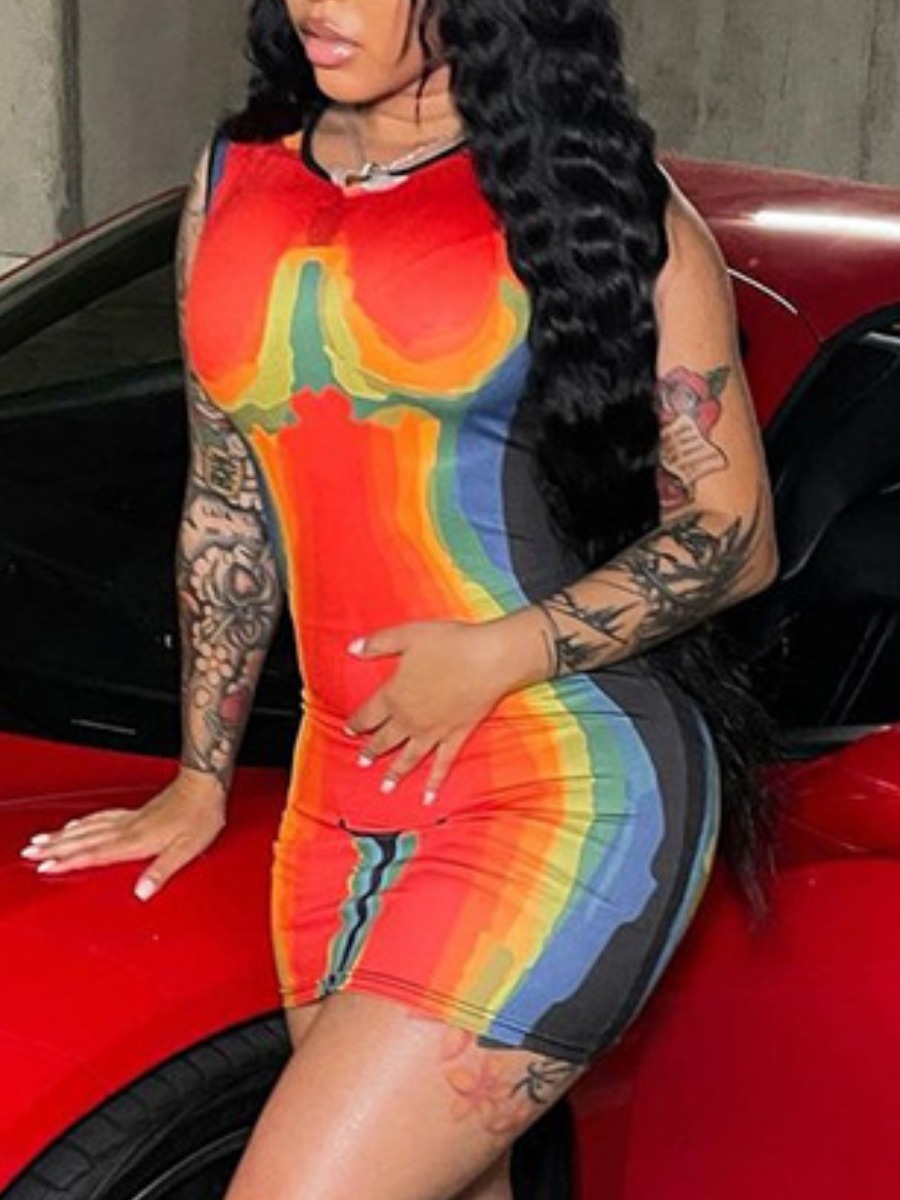 LovelyWholesale Round Neck Tie-dye Bodycon Dress Summer Sleeveless Street Basic Round Neck Spring Summer 2024