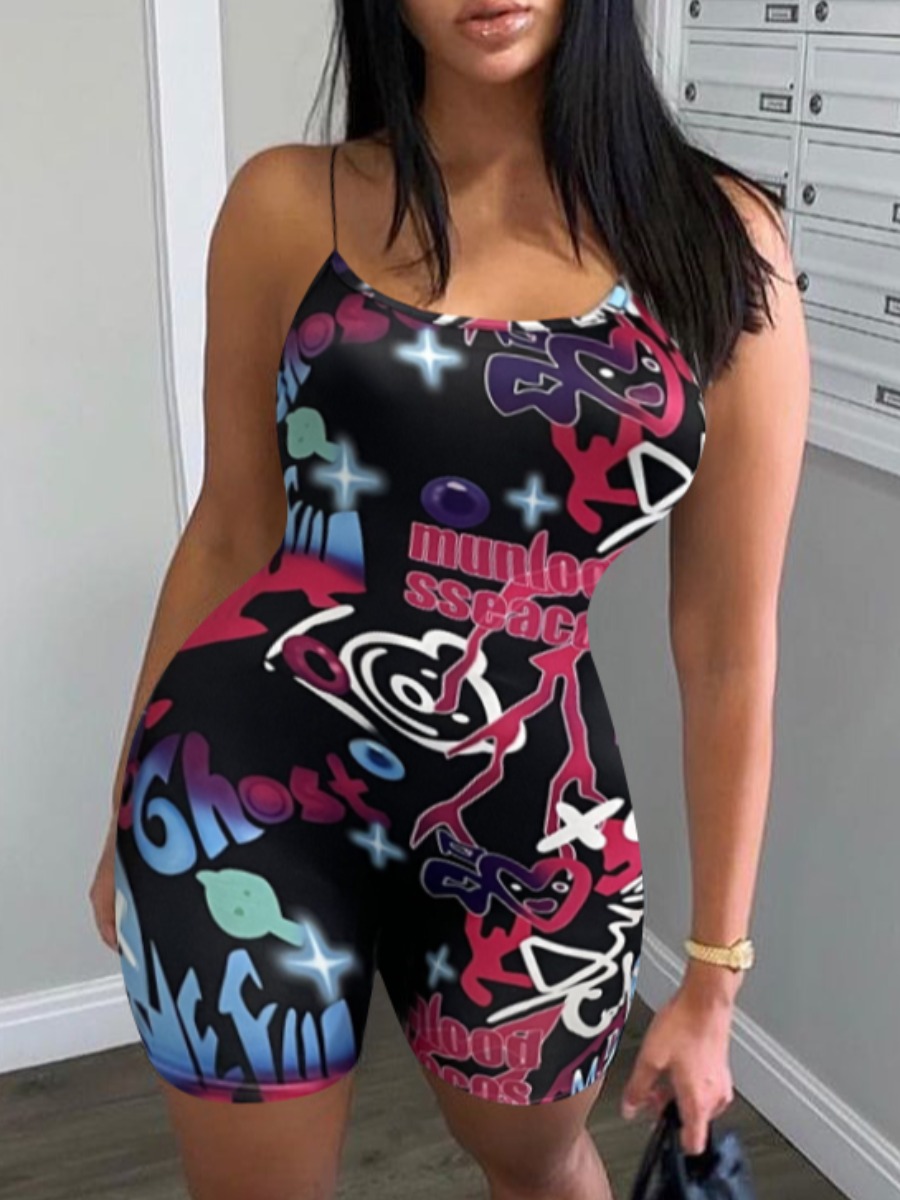 

LW Graffiti Letter Print Cami Romper, Black