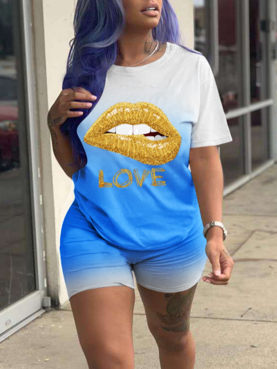 

LW COTTON Gradient Lip Letter Print Shorts Set, Blue