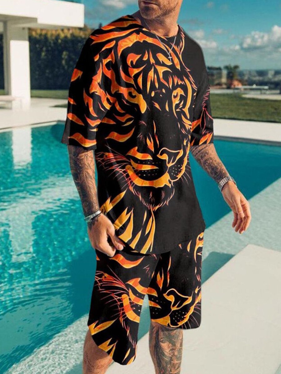 

LW Men Animal Print Patchwork Shorts Set, Black
