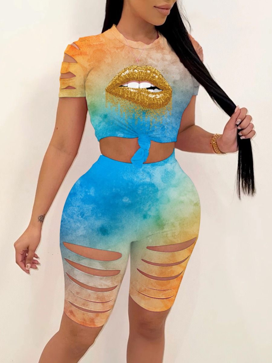 

LW Lip Print Tie-dye Ripped Shorts Set, Blue