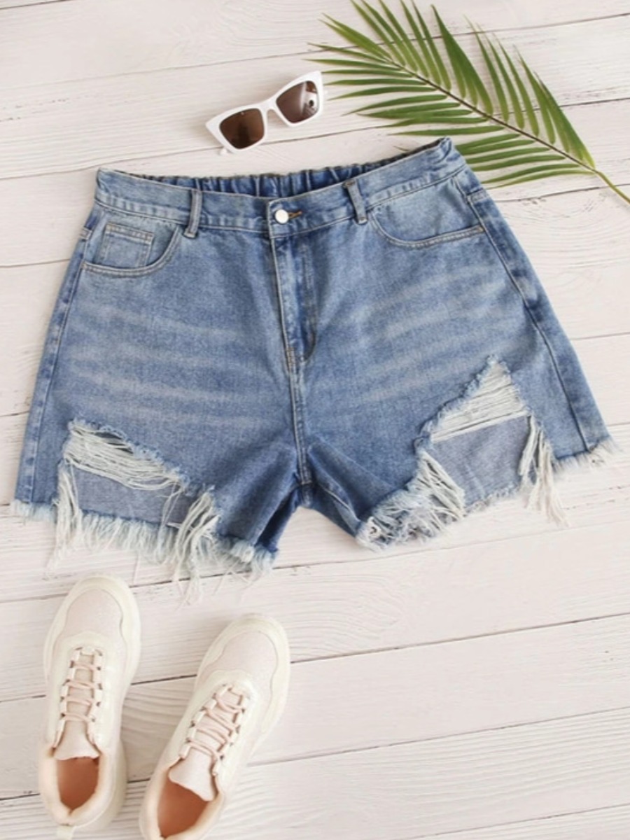 

LW Plus Size Ripped Raw Edge Denim Shorts, Baby blue