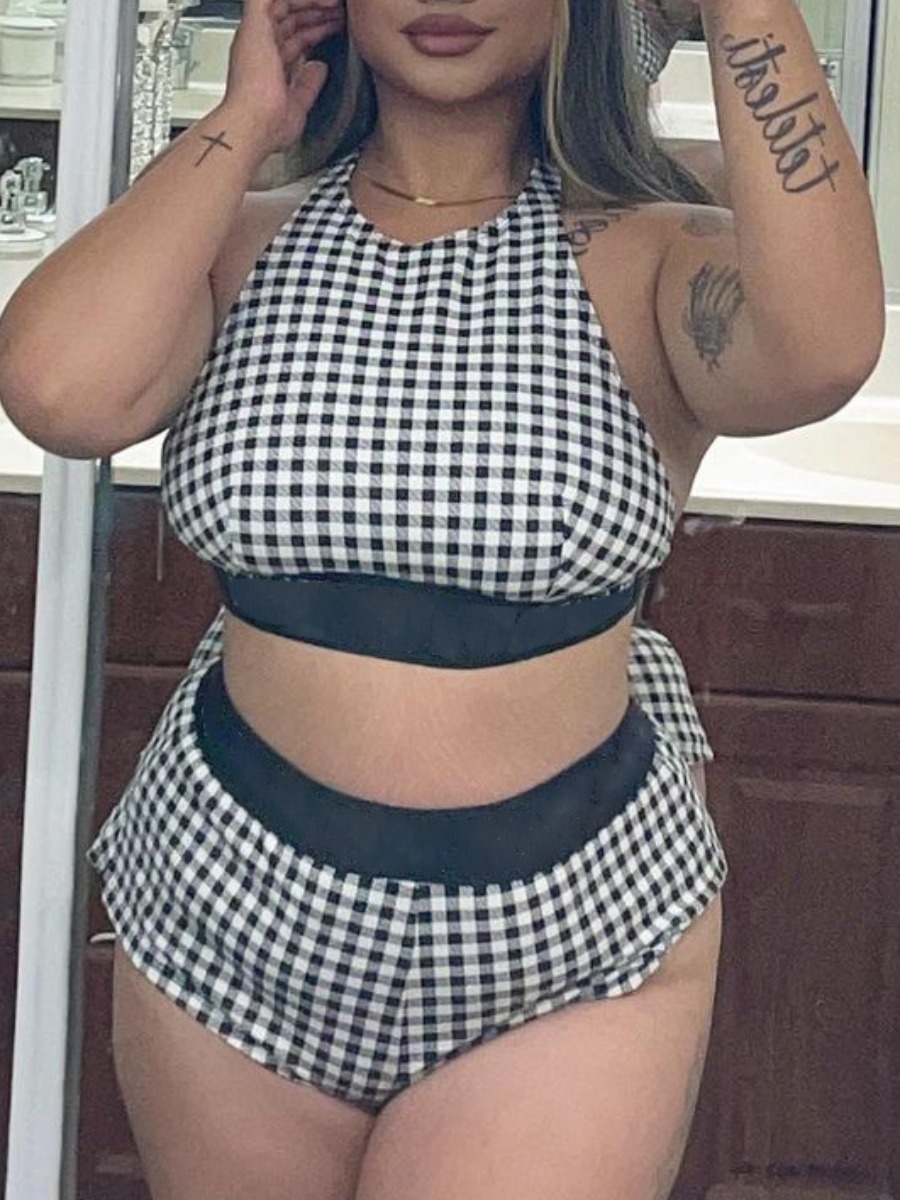 

LW Plus Size Round Neck Plaid Print Shorts Set, Black & white tartan