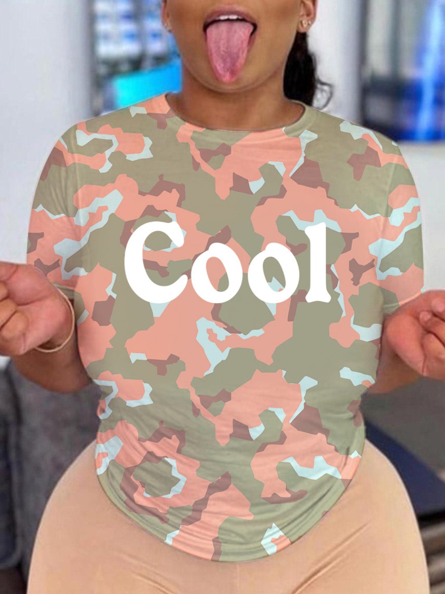 

LW Letter Camo Print T-shirt, Light pink