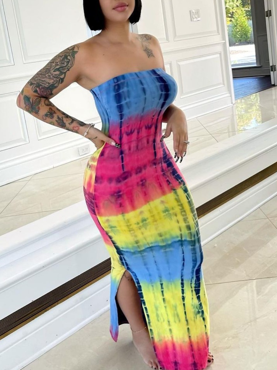 

LW Off The Shoulder Tie-dye Slit Dress, Multi