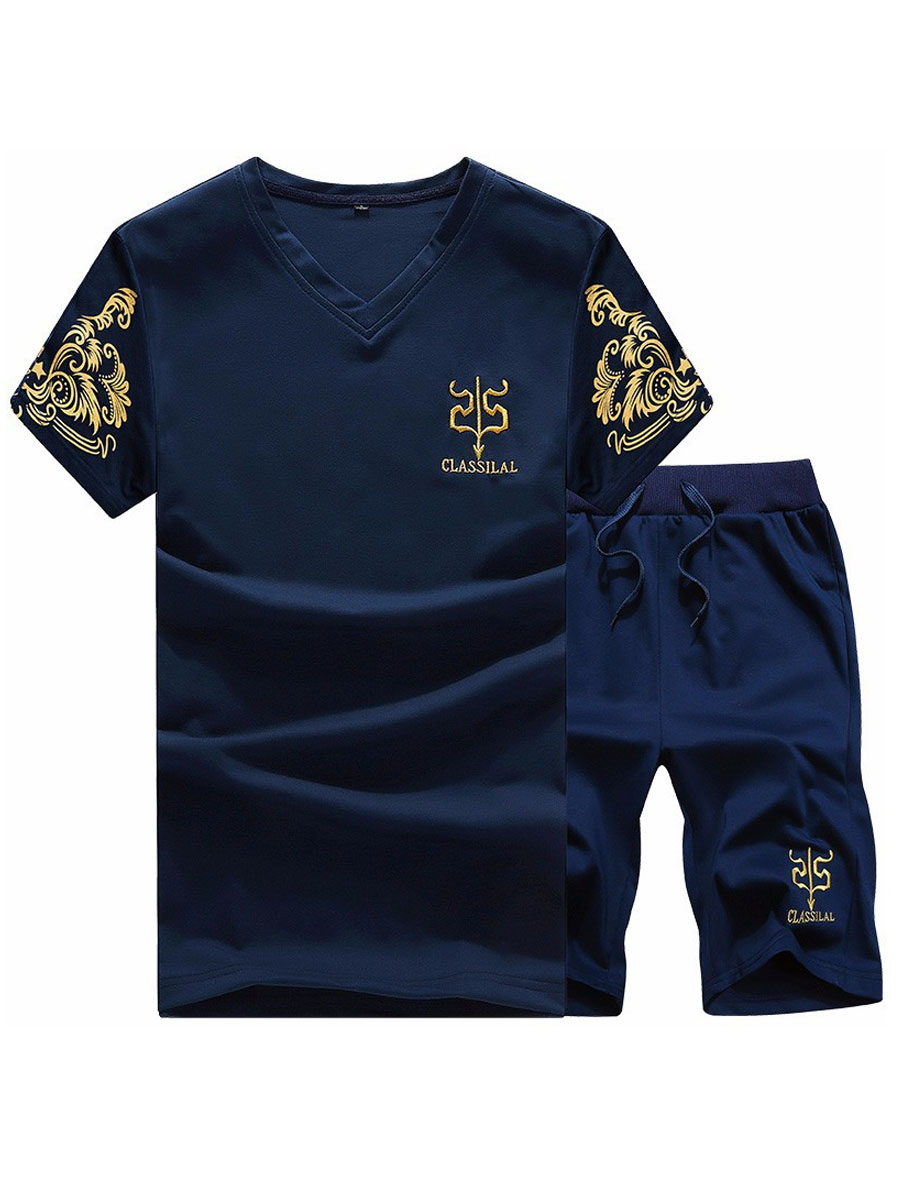 

LW Men V Neck Letter Print Shorts Set, Deep blue