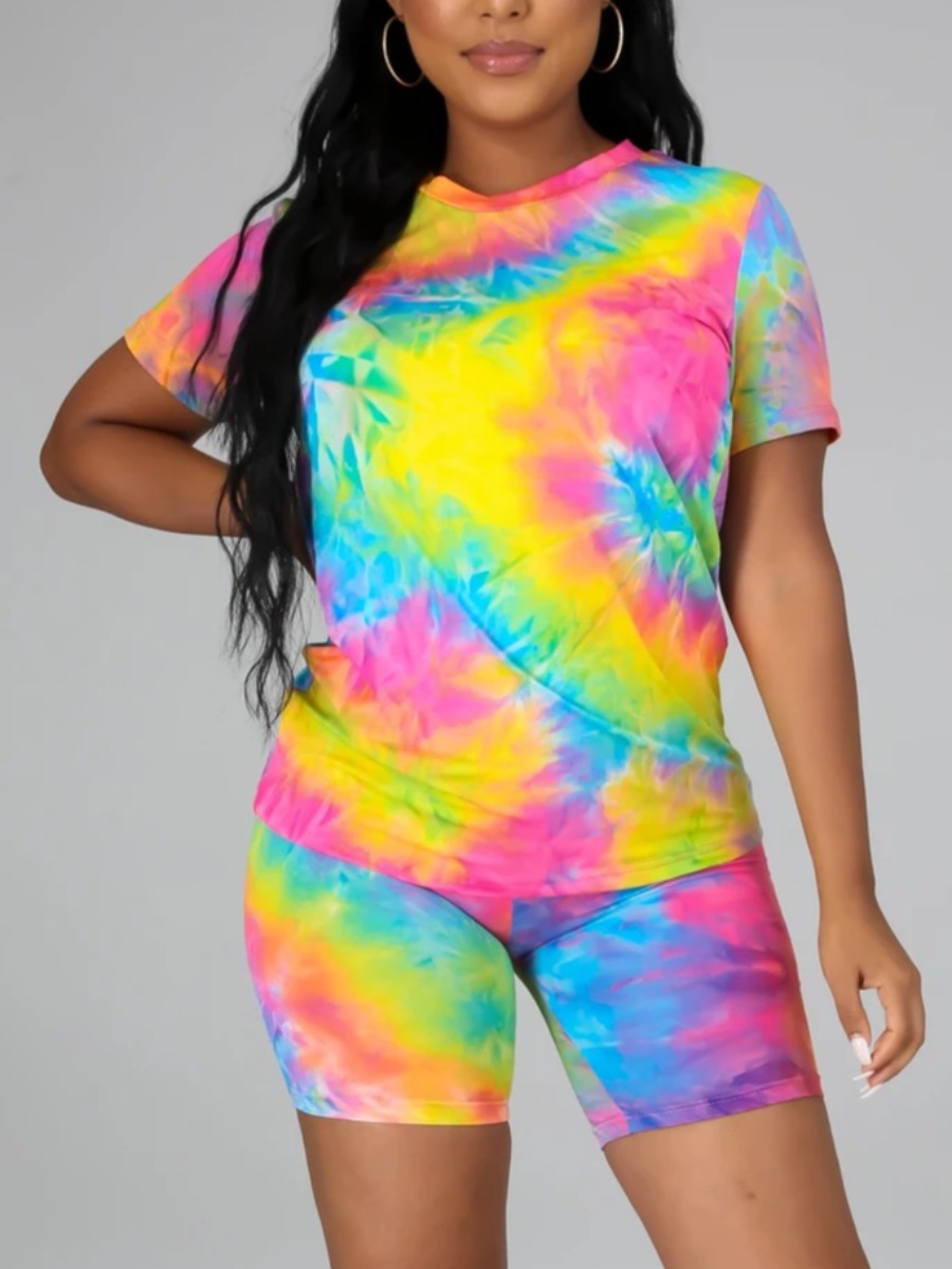 

LW Round Neck Tie-dye Shorts Set, Rose red