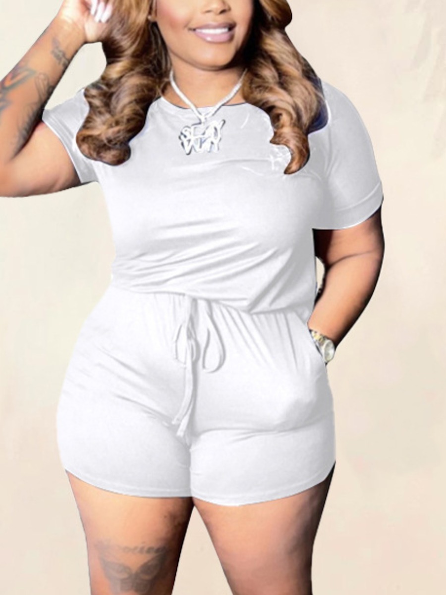 

LW Plus Size Round Neck Drawstring Romper, White