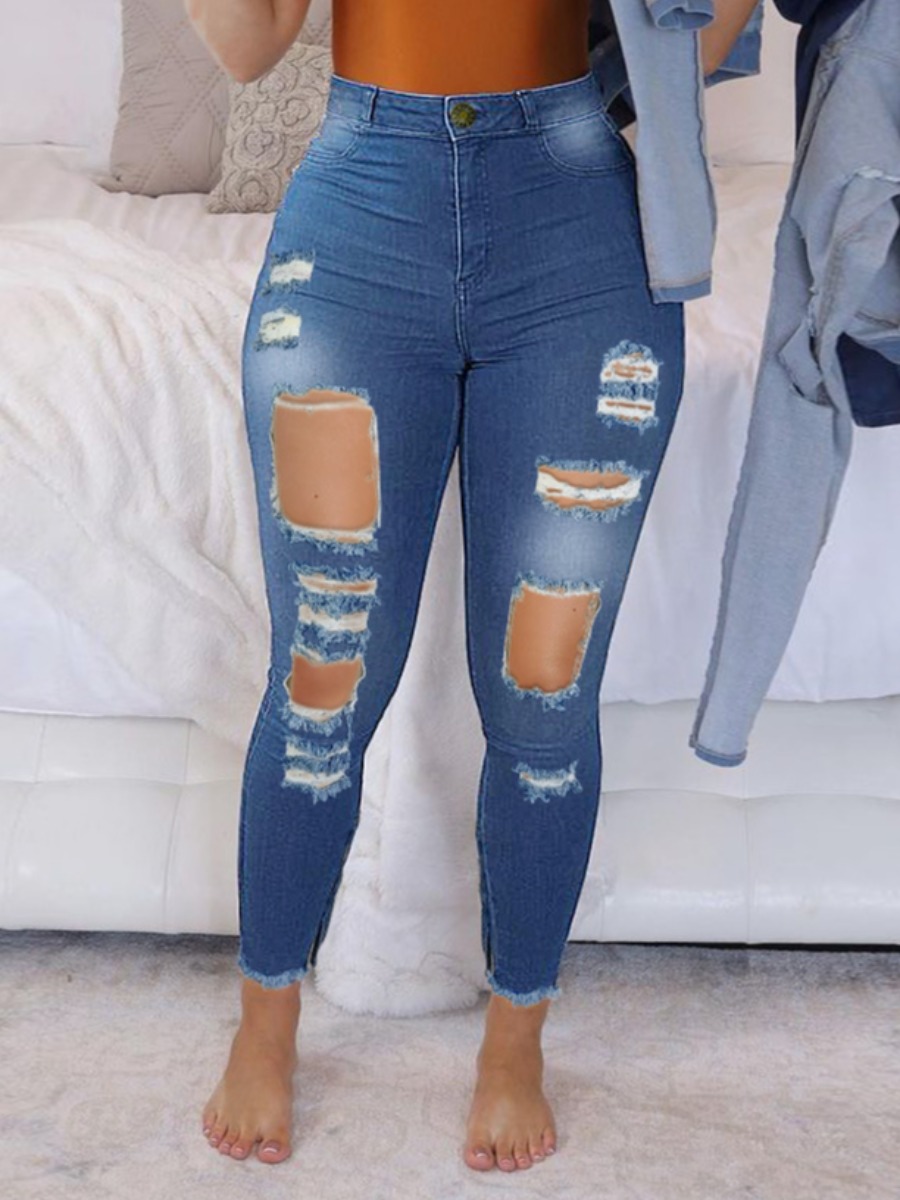 

LW Ripped High Stretchy Jeans, Deep blue