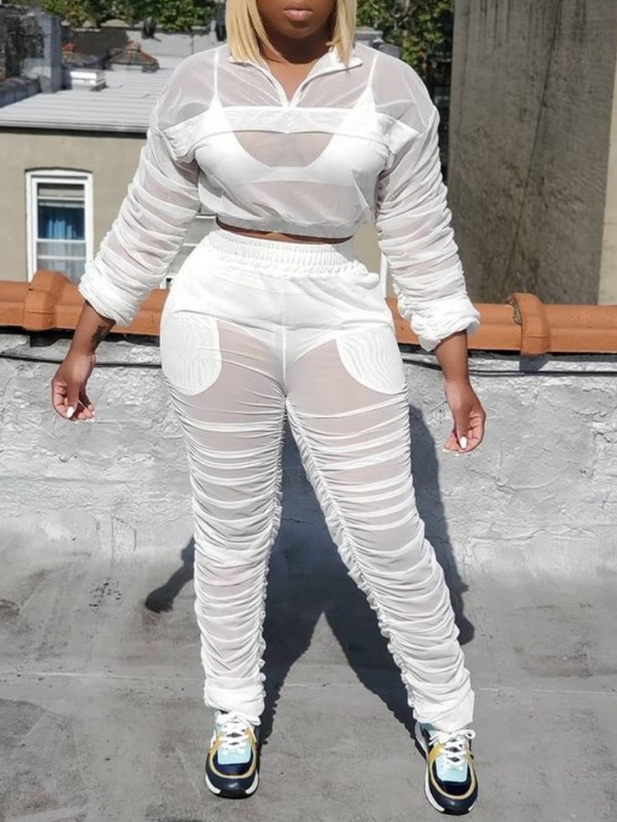 

LW Plus Size See-through Ruched Pants Set, White