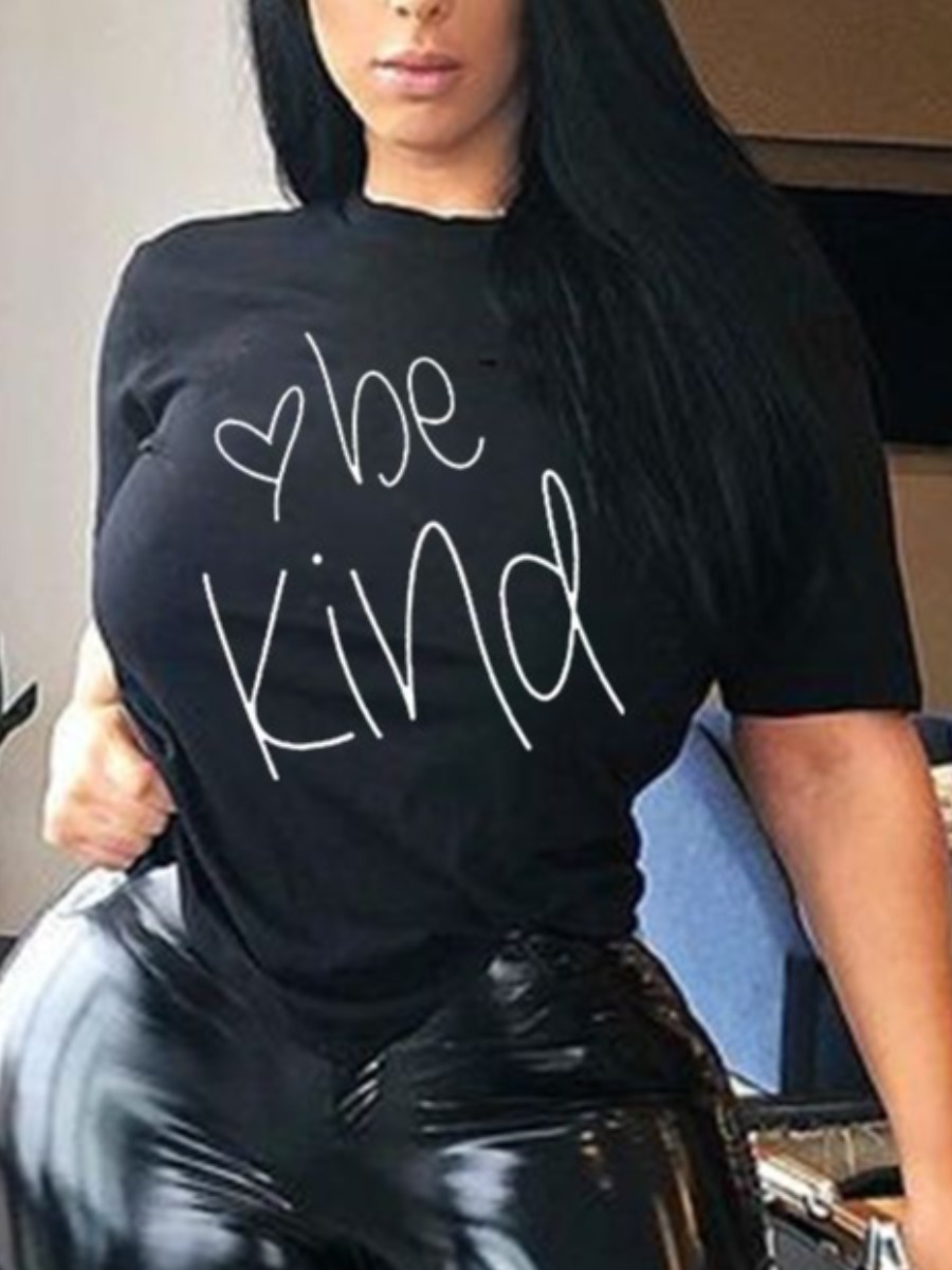 

LW Plus Size Letter Heart Print T-shirt, Black