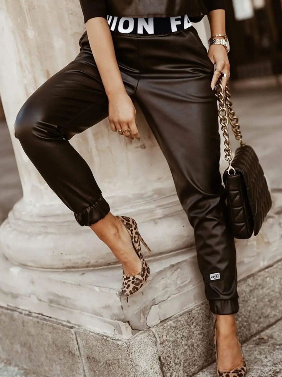 

LW Leather Letter Print Pants, Black