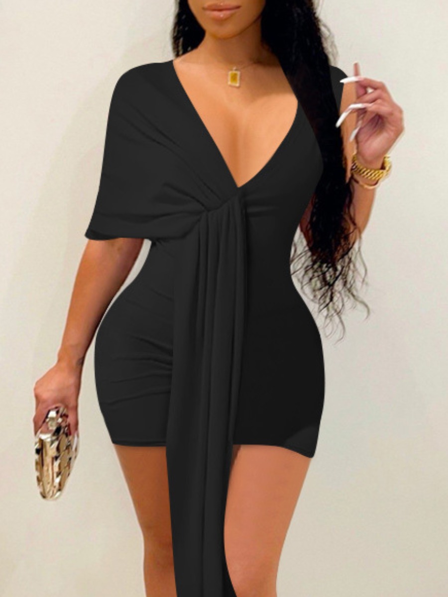 

LW V Neck Bandage Design Bodycon Dress, Black