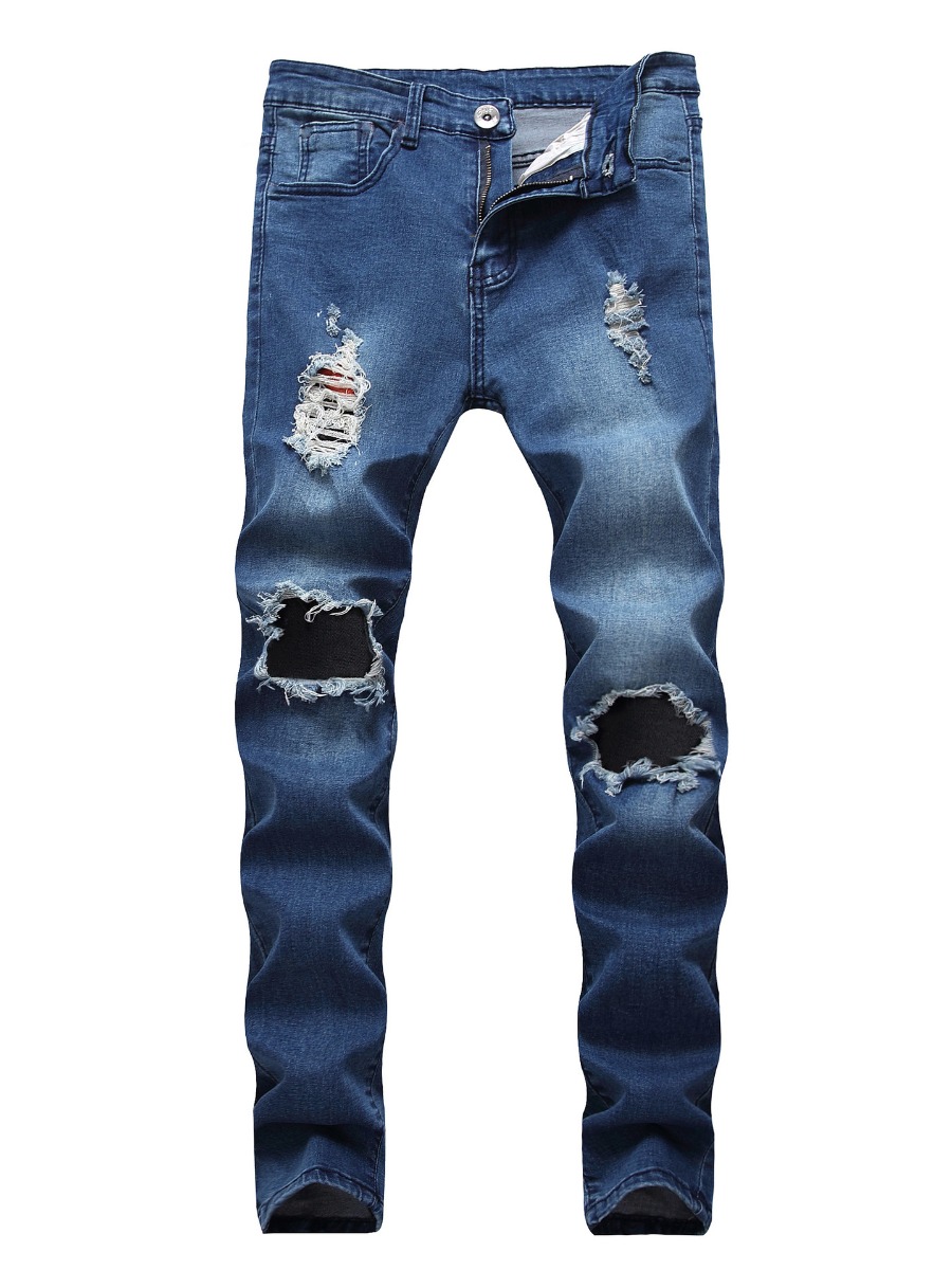 

LW Men Mid High Stretchy Waist Ripped Jeans, Blue