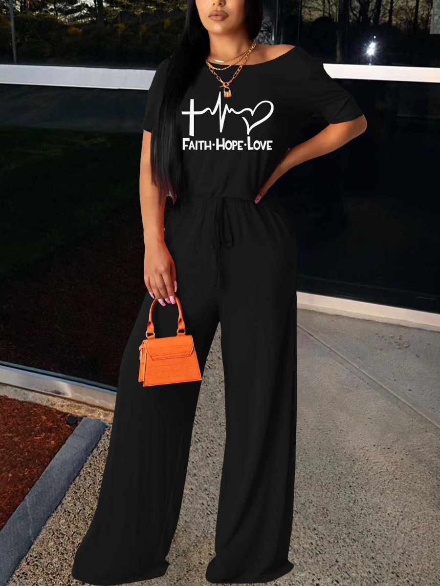 

LW Letter Print Drawstring Jumpsuit, Black