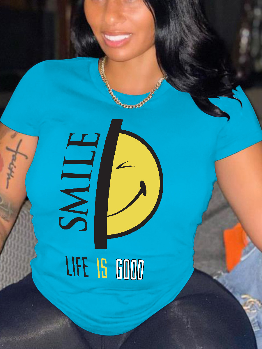 

LW Plus Size Cartoon Letter Print T-shirt, Canal blue