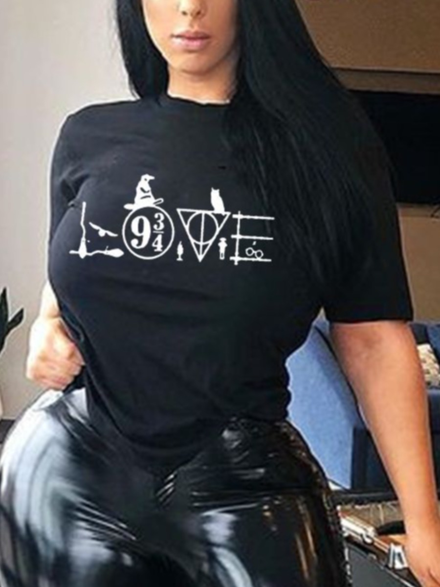 

LW Plus Size Geometric Letter Print T-shirt, Black