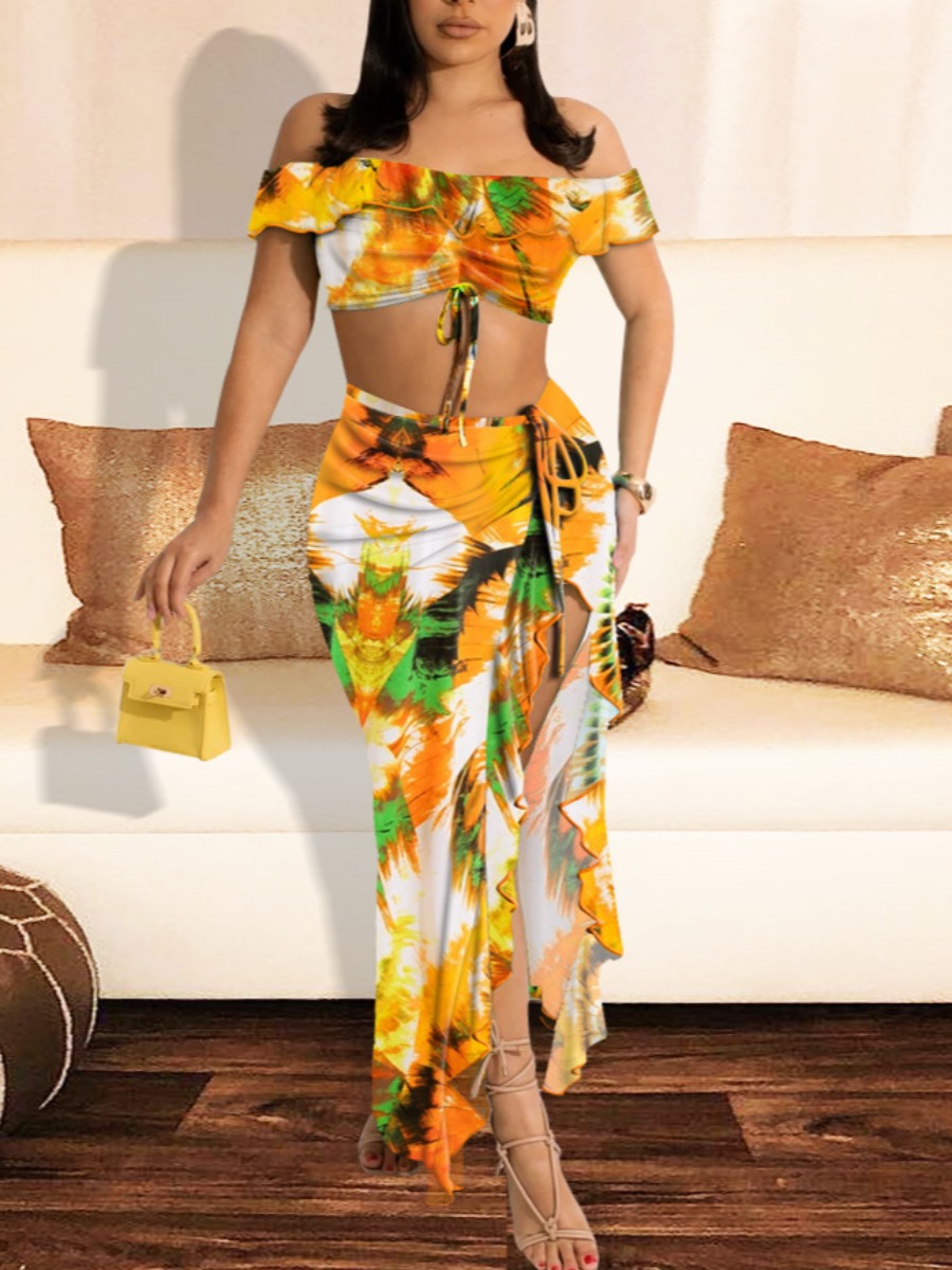 

LW Mixed Print Drawstring Flounce Design Skirt Set, Yellow