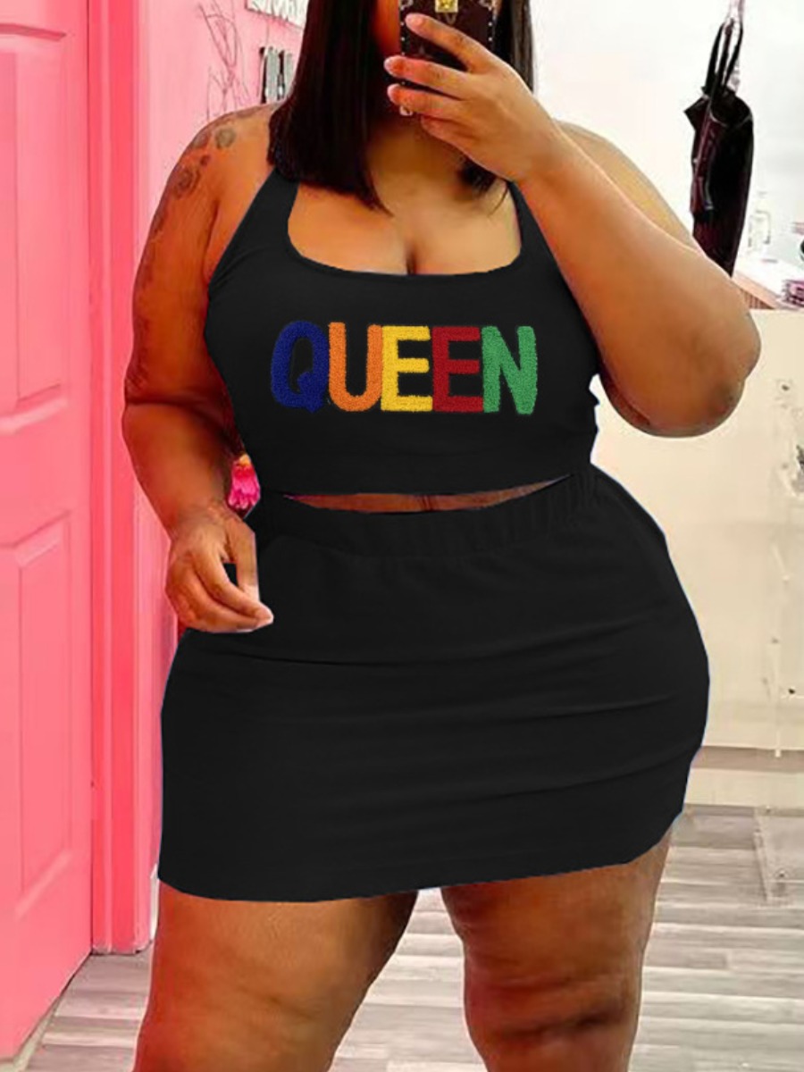 LW Plus Size Cami Queen Letter Print Skirt Set