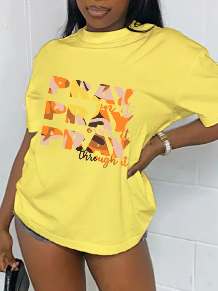 

LW Round Neck Letter Print T-shirt, Yellow