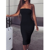 LW Trendy Dew Shoulder Black Knee Length Dress