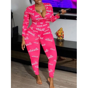 

LW Plus Size V Neck Letter Print Jumpsuit, Pink
