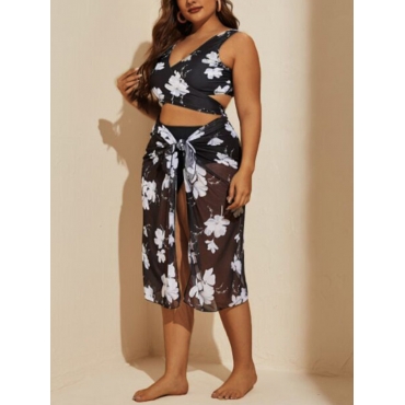 

LW Plus Size Floral Print See-through 3 Piece Bikini Sets, Black