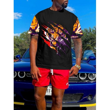 

LW BASICS Men Tiger Print Patchwork T-shirt, Black